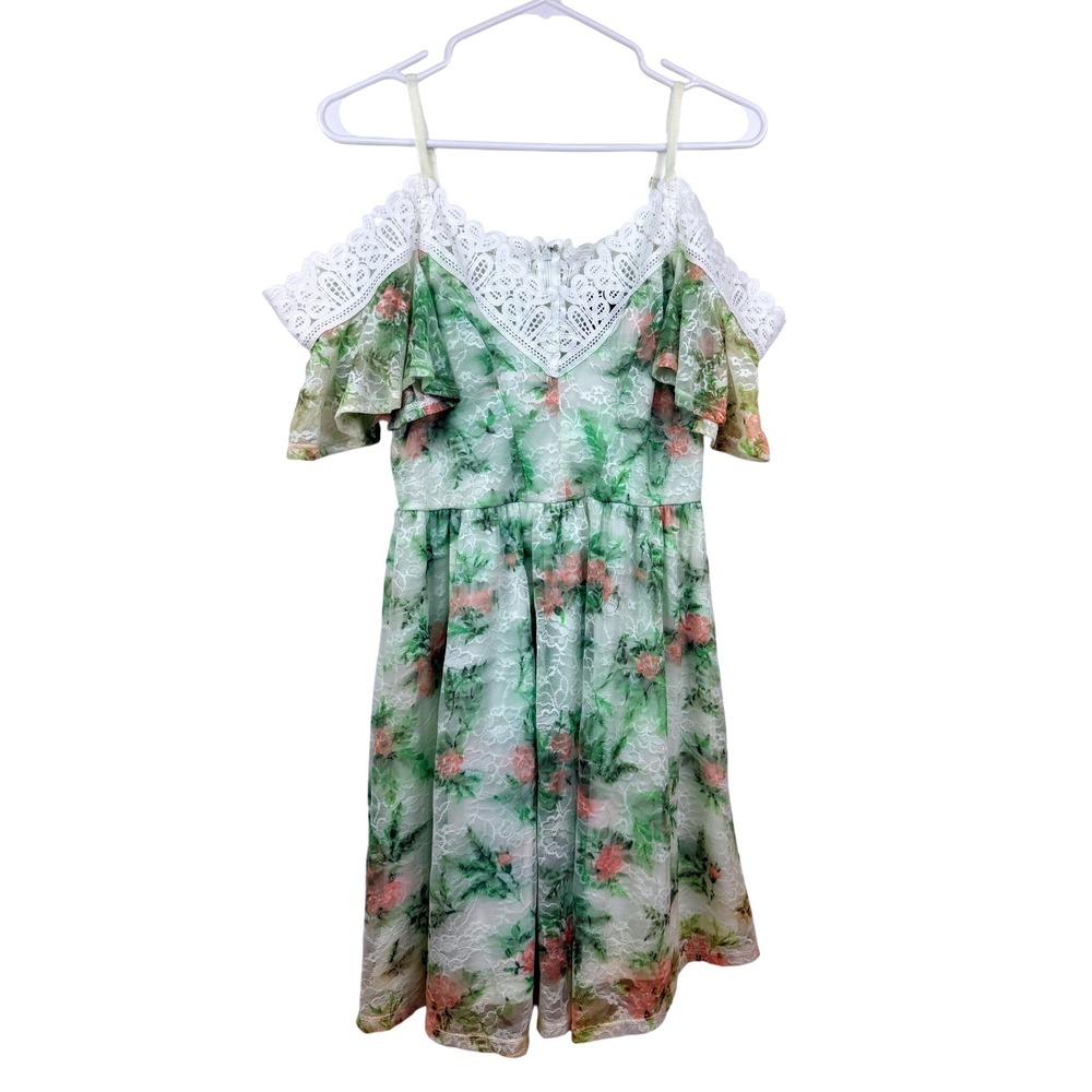 Disney Princess Floral Lace Cold Shoulder Dress Green Pink Rose Crochet Trim S
